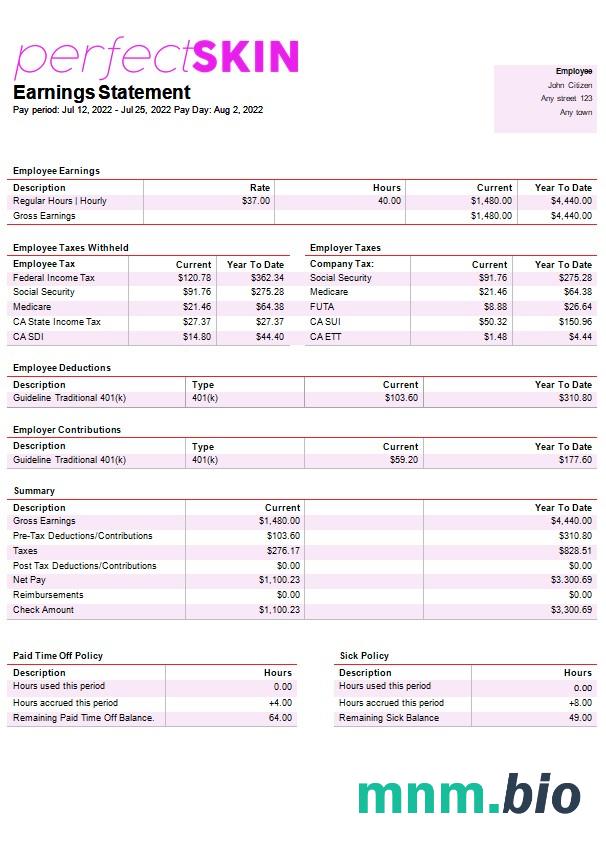 szablon Paystub firmy dermatologicznej w formatach Word i PDF